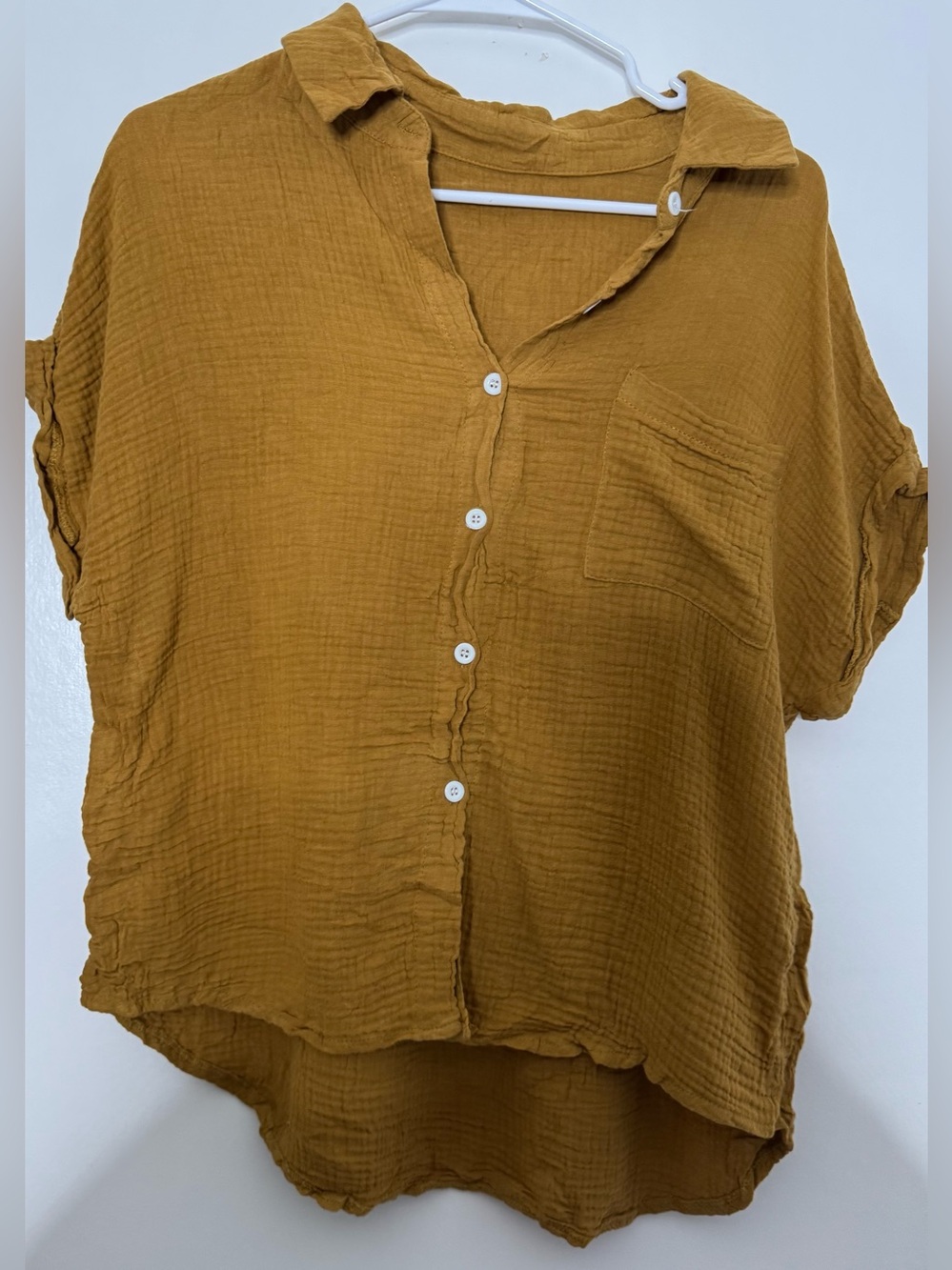 SHEIN Mustard Short-Sleeve Button-Down Gauze Shirt boho oversized boxy sz medium